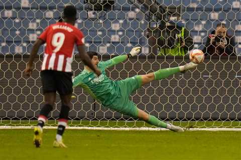 Watch ex-Chelsea star Courtois’ ridiculous 88th-minute penalty save with his foot as Real Madrid..