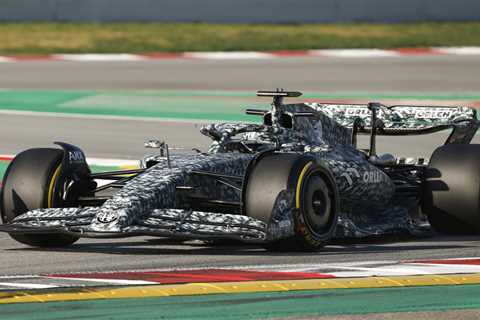 Alfa Romeo run special camouflage car in first public outing during F1 testing in Barcelona to keep ..