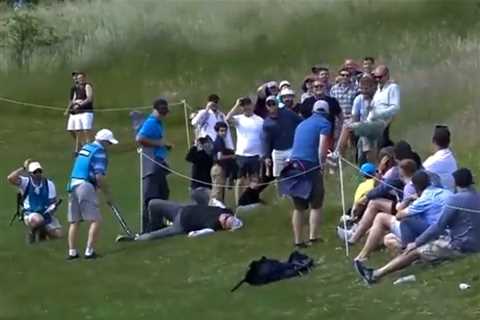 ‘Why does his mate kick him?’ – Watch dramatic moment fan is hit by stray tee-shot at controversial ..