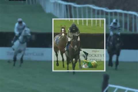 Watch loose horse cause chaos and try to headbutt two others moments after dumping jockey to the..