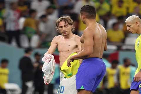 Luka Modric and Casemiro swap shirts at half time of Brazil vs Croatia World Cup clash in..