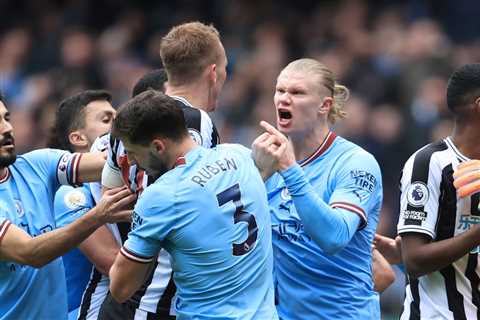 Erling Haaland ‘steams in’ and shoves Dan Burn to defend Jack Grealish in feisty clash between..