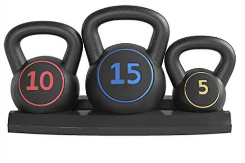 Yaheetech 3-Piece HDPE Kettlebell Exercise Fitness Weight Set w/Storage Rack, Kettlebell Set for..
