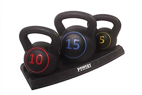 POWERT 3-Piece Kettlebell Weight Set of 5, 10, 15 lbs with Base Rack| HDPE Covered Ergonomic Wide..