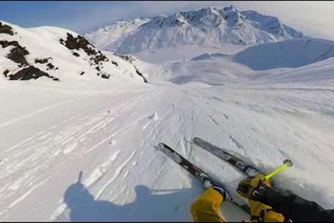 Skiing a Chute on Vito''s off the Deserted Glacier, AK on April 16, 2023