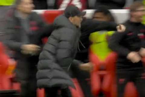 Jurgen Klopp suffers freak injury charging towards fourth official while celebrating Liverpool’s..