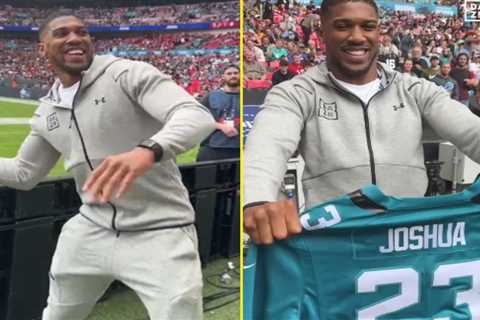 Anthony Joshua ‘shows off cannon’ as he throws American football into NFL crowd at Wembley Stadium